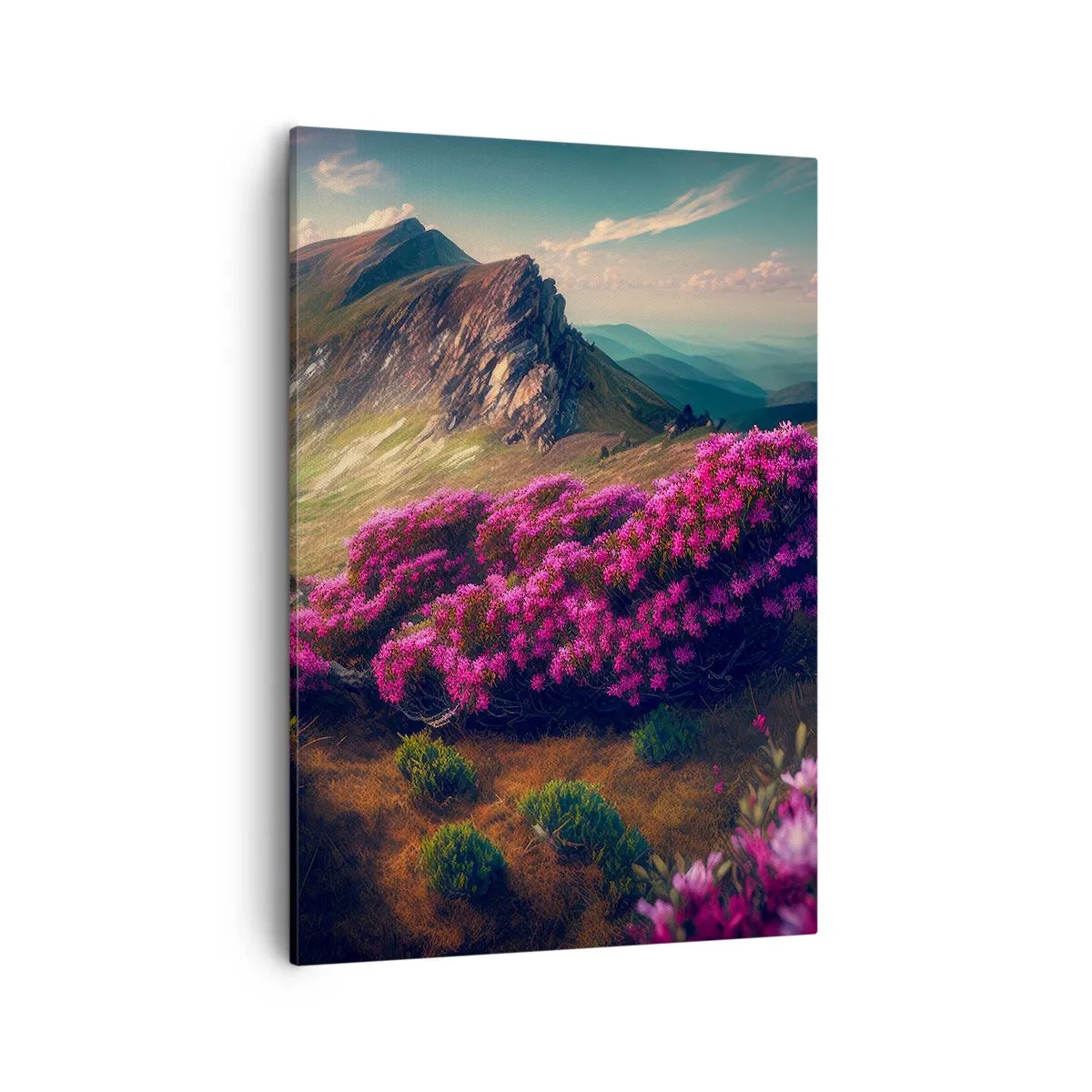 Obraz na płótnie - Górski krajobraz z fioletowymi kwiatami na pierwszym planie - 50x70cm - Lato w górach - Nowoczesna dekoracja ścienna do salonu, kuchni i sypialni ARTTOR