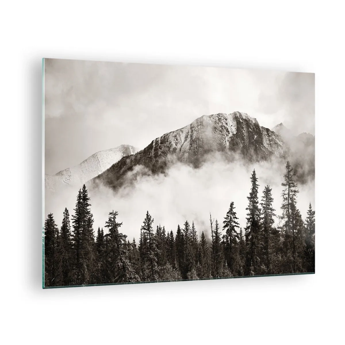Obraz na szkle - Górski krajobraz z lasem i mgłą w odcieniach sepii - 70x50cm - Granitowy władca - Nowoczesna dekoracja ścienna do salonu i sypialni ARTTOR