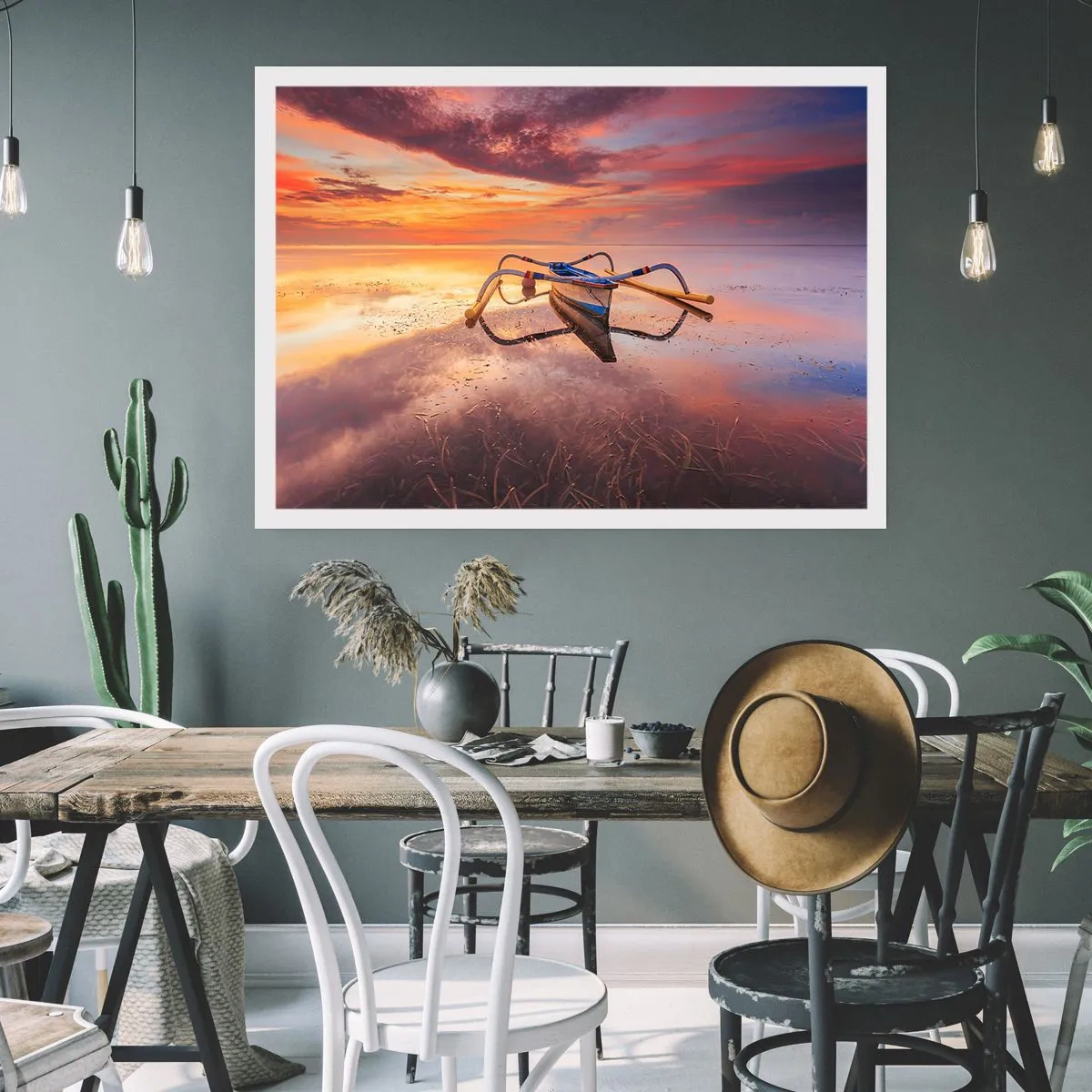 Plakat - Łódź na spokojnej wodzie o zachodzie słońca - 100x70cm - Spokój tropikalnego wieczoru - Nowoczesna dekoracja ścienna do salonu i sypialni ARTTOR