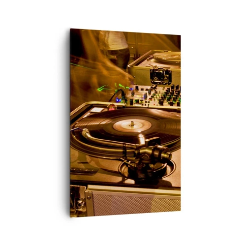 Obraz na płótnie - Sprzęt DJ z gramofonem i mikserem podczas imprezy - 80x120cm - Czujesz tę moc? - Nowoczesna dekoracja ścienna do salonu i sypialni ARTTOR