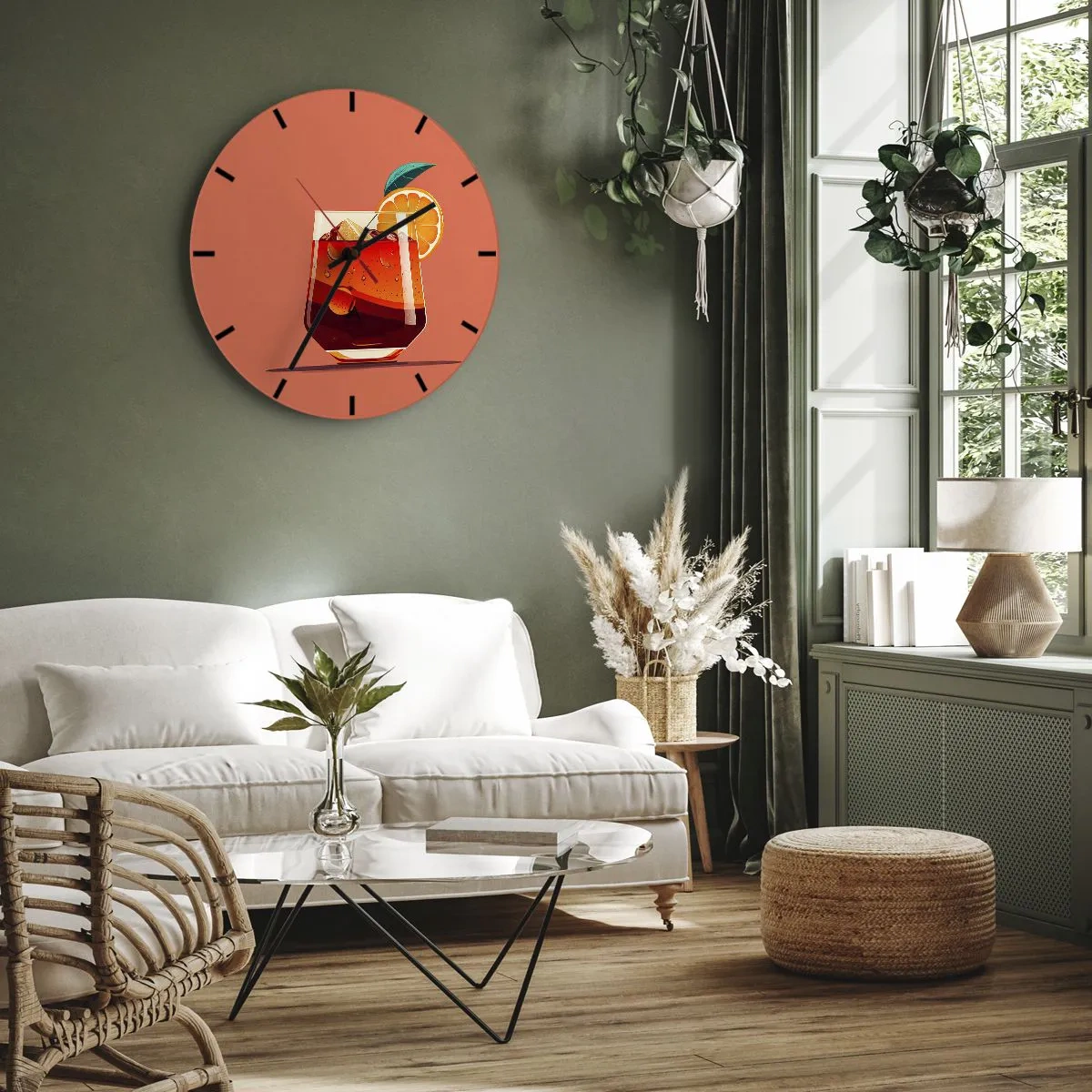 Zegar ścienny - Szklanka z letnim napojem, plasterkiem pomarańczy i lodem - 30x30cm - Letnie orzeźwienie - Nowoczesna dekoracja ścienna do salonu, kuchni i sypialni ARTTOR