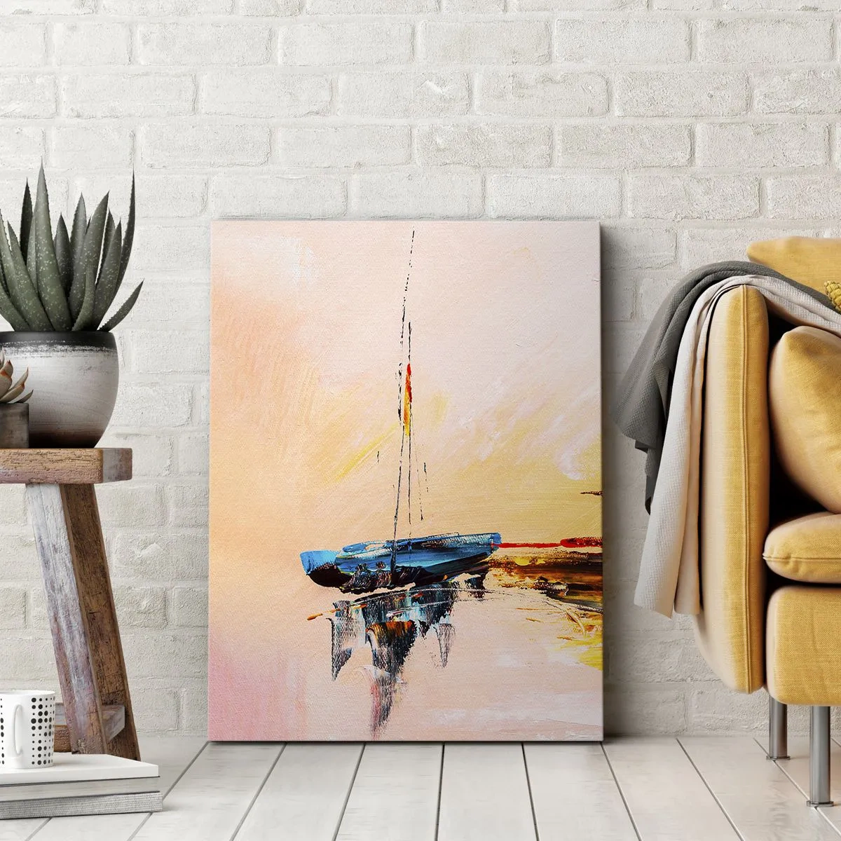 Obraz na płótnie - Kolorowa abstrakcyjna interpretacja żaglówki na spokojnej wodzie - 50x70cm - Wieczór w przystani - Nowoczesna dekoracja ścienna do salonu, kuchni i sypialni ARTTOR