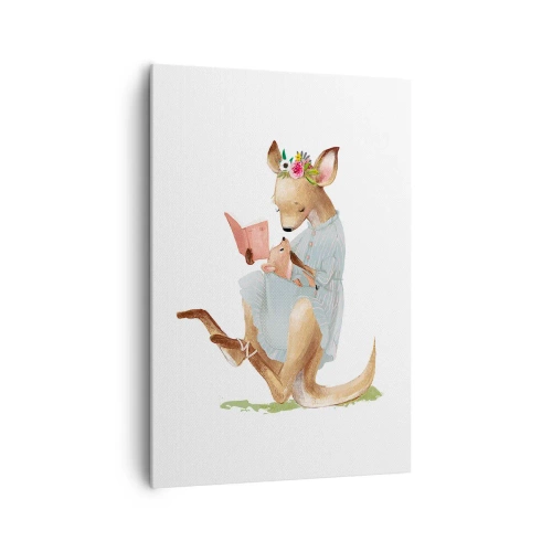 Obraz na płótnie - Kangurzyca czytająca książkę z dzieckiem - 70x100cm - Poczytaj mi, mamo - Nowoczesna dekoracja ścienna do salonu i sypialni ARTTOR