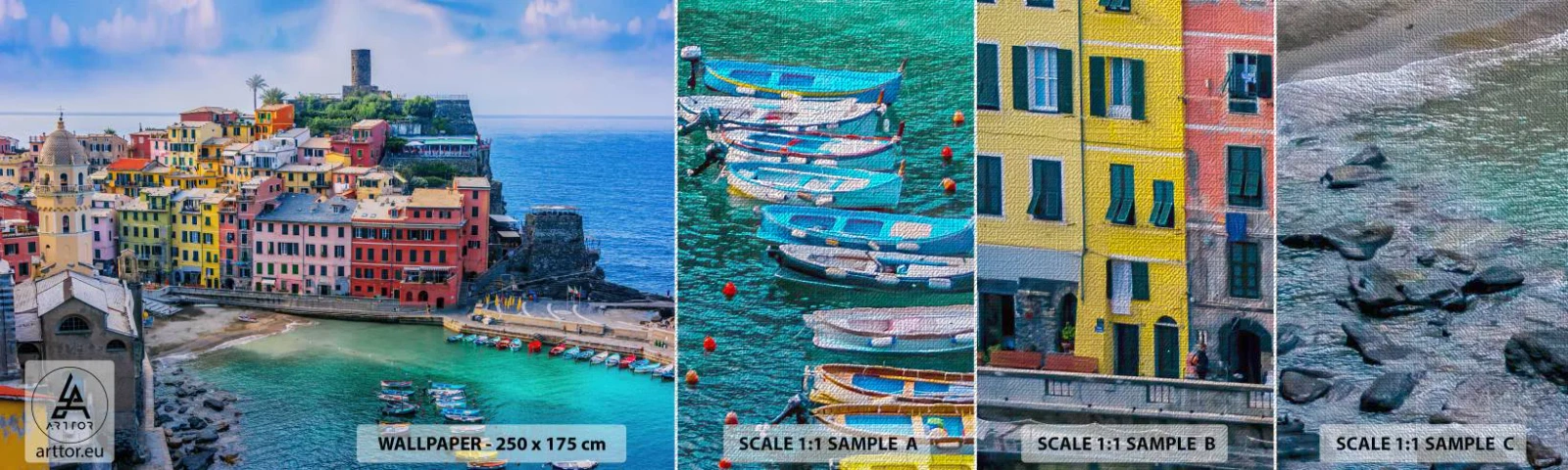 Fototapeta Próbka Premium Canvas - Śródziemnomorskie magiczne miasteczko - Liguria, Miasto, Włochy - 100x30 cm