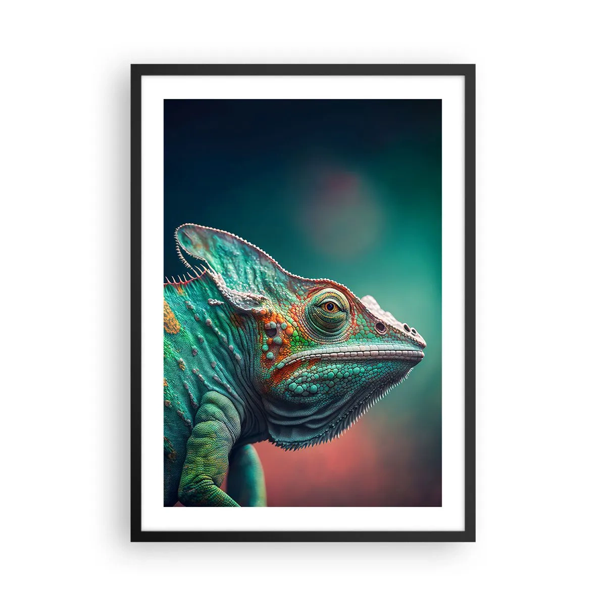 Plakat w czarnej ramie - Kolorowy kameleon na efektownym tle - 50x70cm - Widzisz mnie? Niedobrze… - Nowoczesna dekoracja ścienna do salonu i sypialni ARTTOR