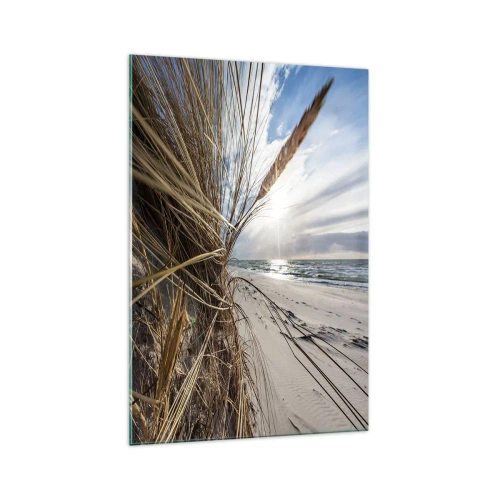 Obraz na szkle - Plaża z suchymi trawami na wydmach i widokiem na morze - 70x100cm - Spotkanie żywiołów - Nowoczesna dekoracja ścienna do salonu i sypialni ARTTOR