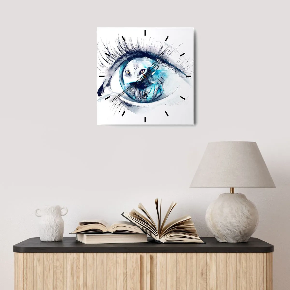 Zegar ścienny - Oko z wizerunkiem sowy w akwarelowych odcieniach niebieskiego - 30x30cm - Oko w oko z dzikością - Nowoczesna dekoracja ścienna do salonu i sypialni ARTTOR