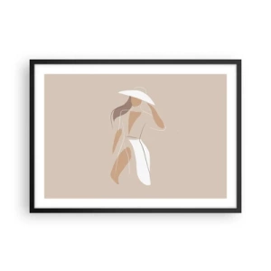 Plakat w czarnej ramie - Minimalistyczny rysunek kobiety w kapeluszu na beżowym tle - 70x50cm - Moda to zabawa - Nowoczesna dekoracja ścienna do salonu i sypialni ARTTOR