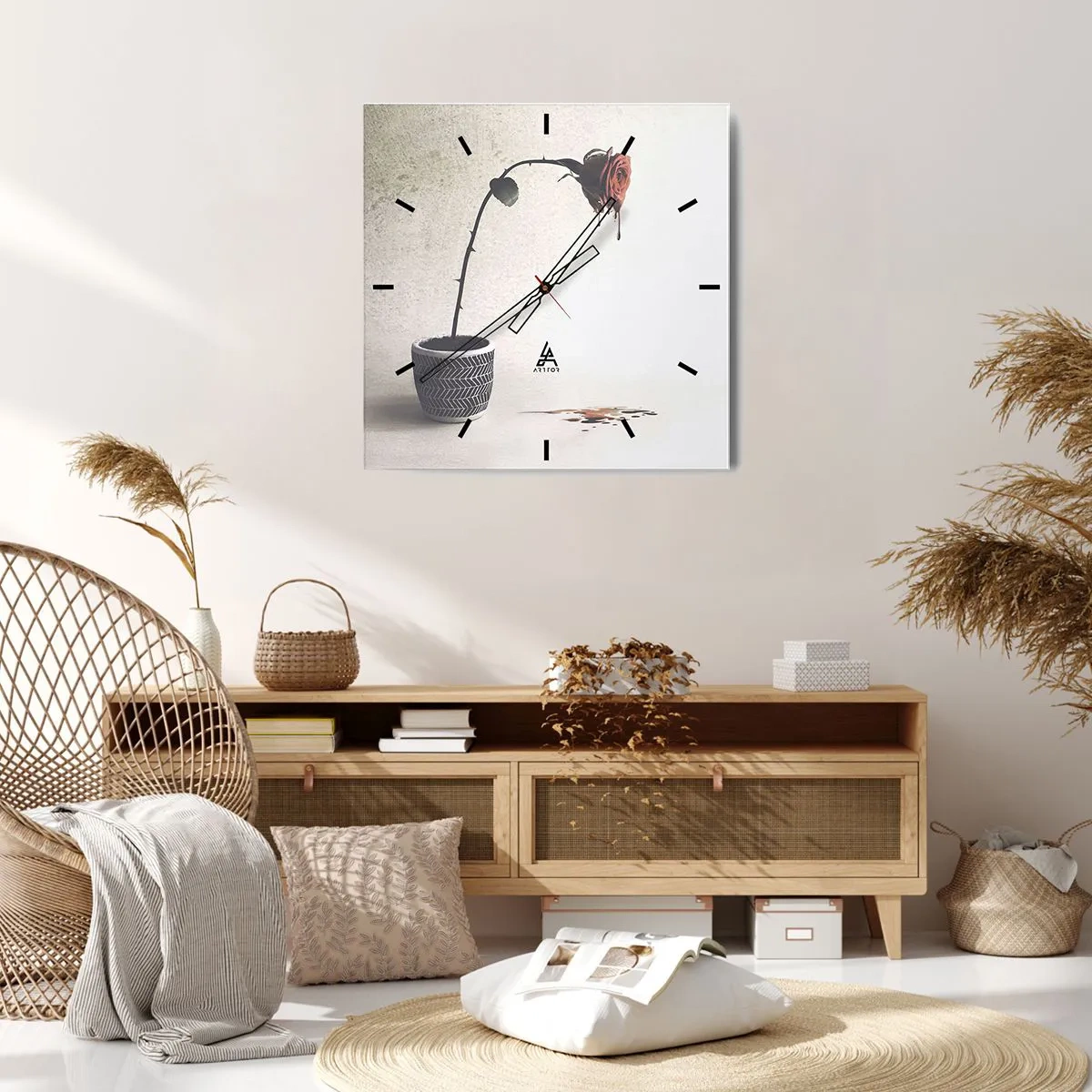 Zegar ścienny - Czerwona róża w doniczce z kroplami barwnika na białym tle - 30x30cm - Rosa dolorosa - Nowoczesna dekoracja ścienna do salonu i sypialni ARTTOR
