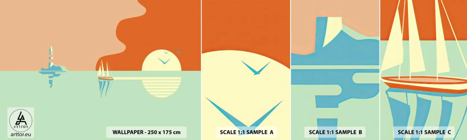 Fototapeta Próbka Samoprzylepna Deluxe Sticker - Morski pejzaż idealny - Abstrakcja, Żaglowiec, Latarnia - 100x30 cm