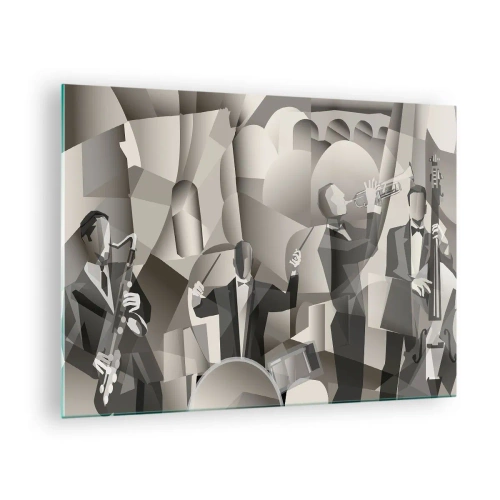 Obraz na szkle - W przestrzeni dźwięków - Stylizowana scena zespołu jazzowego w monochromatycznej tonacji - 70x50cm