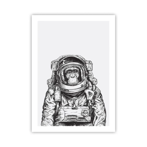 Plakat - Małpa w skafandrze kosmicznym na białym tle - 50x70cm - Alternatywna ewolucja - Nowoczesna dekoracja ścienna do salonu, kuchni i sypialni ARTTOR