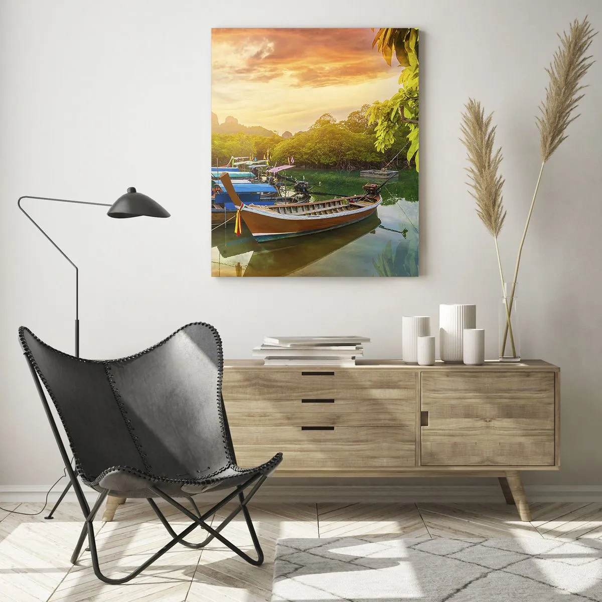 Obraz na szkle - Tradycyjne łodzie w tropikalnym krajobrazie o zachodzie słońca - 50x70cm - Przed pracowitym dniem - Nowoczesna dekoracja ścienna do salonu, kuchni i sypialni ARTTOR