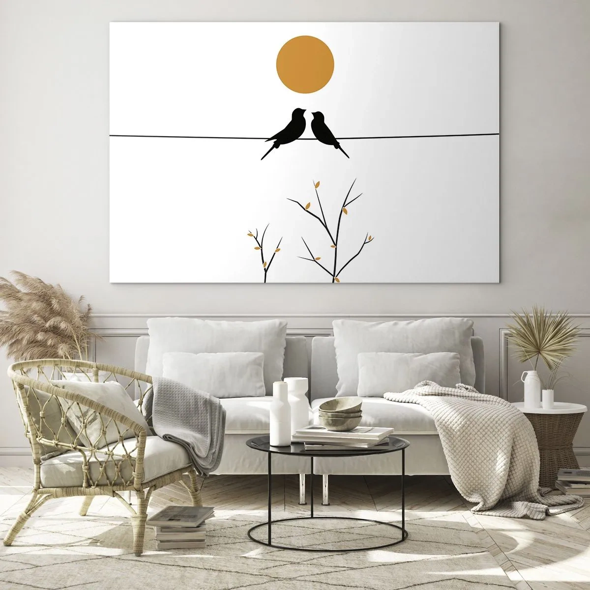 Obraz na szkle - Ptaki na linii pod pomarańczowym słońcem - 70x50cm - Słowiczy wieczór - Nowoczesna dekoracja ścienna do salonu i sypialni ARTTOR