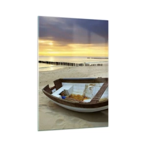 Obraz na szkle - Łódka na piaszczystej plaży o zachodzie słońca - 70x100cm - Nie ma piękniejszych plaż - Nowoczesna dekoracja ścienna do salonu i sypialni ARTTOR