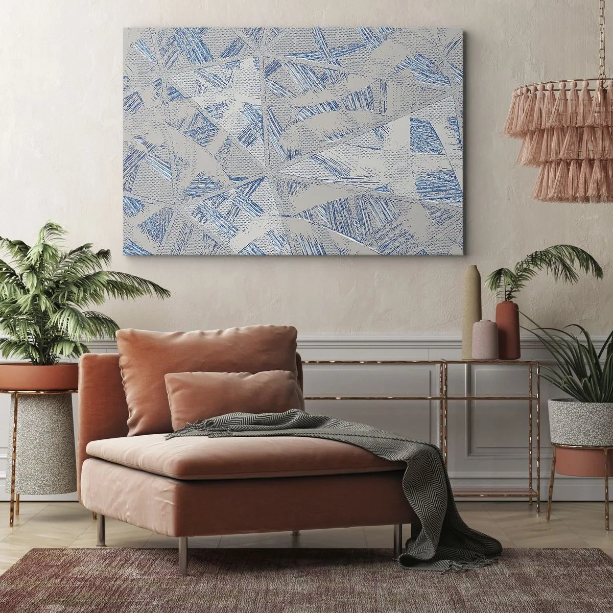 Obraz na płótnie - Geometryczne wzory w odcieniach błękitu i szarości - 70x50cm - W szaroniebieskim labiryncie - Nowoczesna dekoracja ścienna do salonu i sypialni ARTTOR