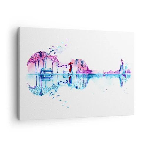 Obraz na płótnie - Sylwetka miasta w kształcie skrzypiec w akwarelowych kolorach - 70x50cm - Kantyczki deszczu wam przyniosę - Nowoczesna dekoracja ścienna do salonu i sypialni ARTTOR