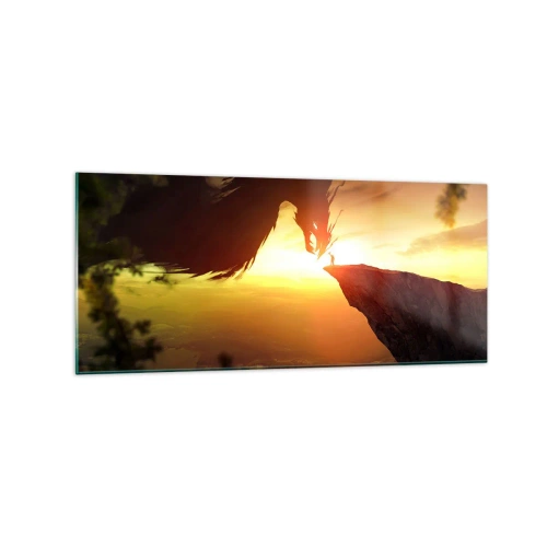 Obraz na szkle - Smok i człowiek na skale w blasku zachodzącego słońca - 120x50cm - Pogromca smoka - Nowoczesna dekoracja ścienna do salonu i sypialni ARTTOR