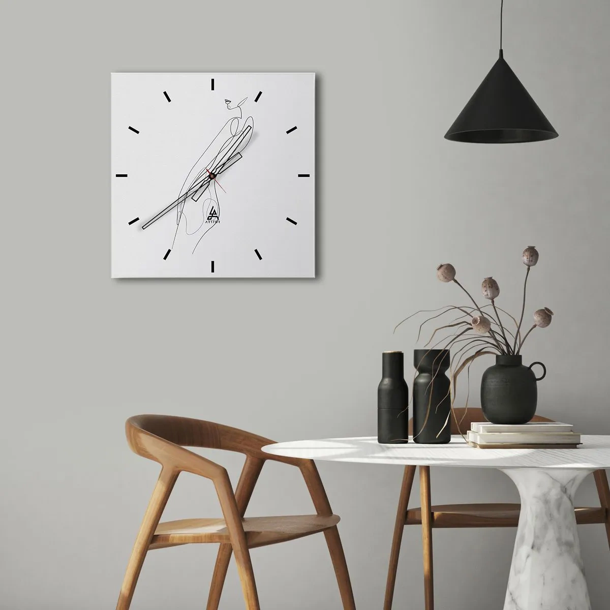 Zegar ścienny - Minimalistyczna linia ukazująca sylwetkę na jasnym tle - 30x30cm - Zaledwie obietnica - Nowoczesna dekoracja ścienna do salonu i sypialni ARTTOR