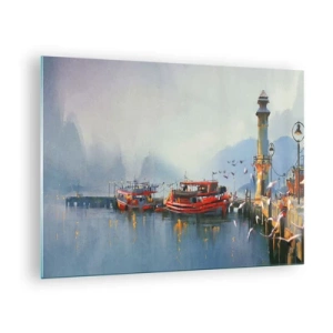 Obraz na szkle - Port z czerwonymi łodziami, latarnią i ptakami na tle gór - 70x50cm - Na końcu świata - Nowoczesna dekoracja ścienna do salonu i sypialni ARTTOR