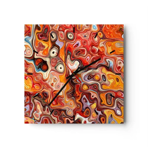 Zegar ścienny - Abstrakcyjna kompozycja w ciepłych odcieniach czerwieni, pomarańczu i żółci - 30x30cm - Gdyby orzechy rozpływały się w miodzie - Nowoczesna dekoracja ścienna do salonu i sypialni ARTTOR