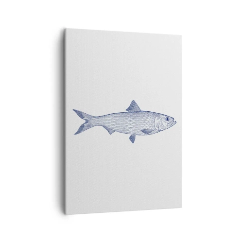 Obraz na płótnie - Minimalistyczna grafika ryby w odcieniach granatu na jasnym tle - 50x70cm - Pozdrowienia z północnych mórz - Nowoczesna dekoracja ścienna do salonu, kuchni i sypialni ARTTOR