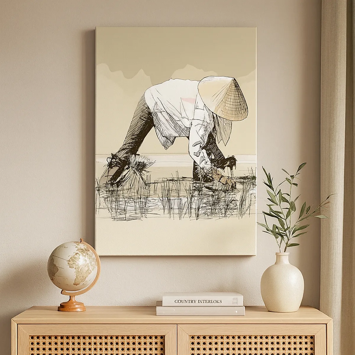 Obraz na płótnie - Ilustracja pracującego rolnika w polu ryżowym - 50x70cm - Udanych zbiorów - Nowoczesna dekoracja ścienna do salonu, kuchni i sypialni ARTTOR