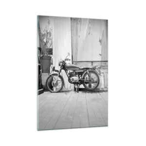 Obraz na szkle - Czarno-białe zdjęcie klasycznego motocykla - 80x120cm - Klasyka ponad wszystko - Nowoczesna dekoracja ścienna do salonu i sypialni ARTTOR
