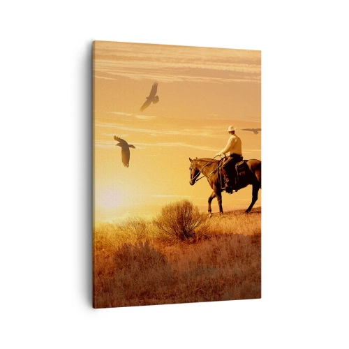 Obraz na płótnie - Kowboj na koniu w zachodzącym słońcu - 50x70cm - Samotnie przez prerię - Nowoczesna dekoracja ścienna do salonu, kuchni i sypialni ARTTOR
