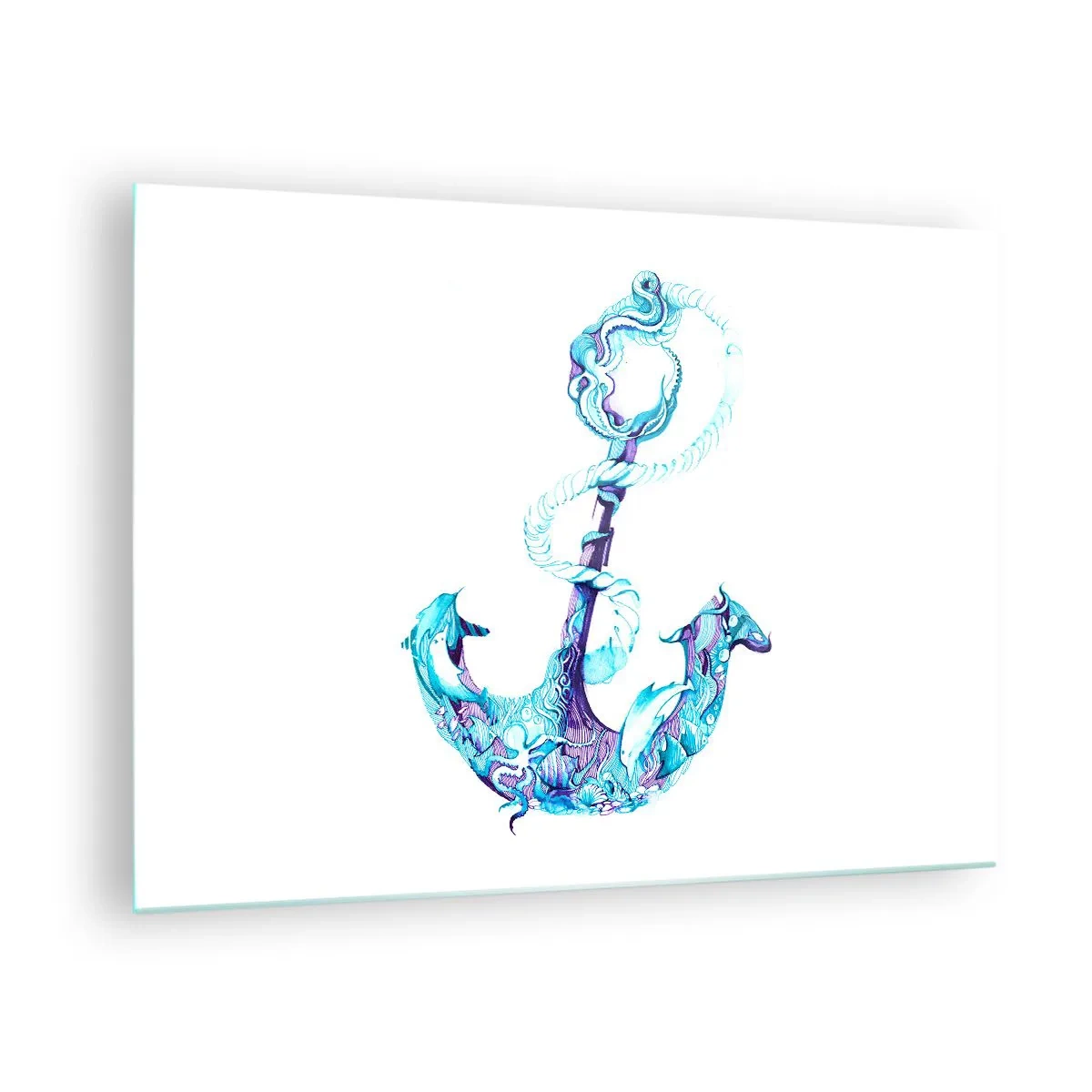 Obraz na szkle - Kotwica z motywami morskimi w artystycznym stylu - 70x50cm - Powiernica tajemnic morza - Nowoczesna dekoracja ścienna do salonu i sypialni ARTTOR