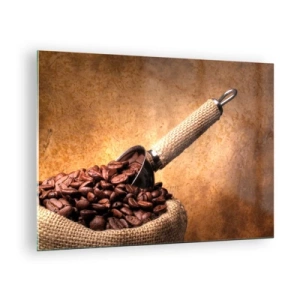 Obraz na szkle - Ziarna kawy w worku jutowym z metalową łopatką - 70x50cm - U źródeł smaku - Nowoczesna dekoracja ścienna do salonu i sypialni ARTTOR