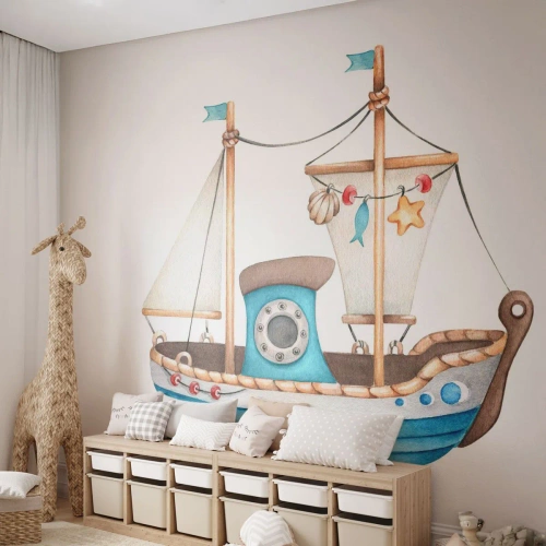 Fototapeta Premium Sand - Ilustrowany statek żaglowy w stylu dziecięcym na białym tle - 100x70cm - Ahoj, przygodo! - Nowoczesna dekoracja ścienna do salonu, kuchni i sypialni ARTTOR