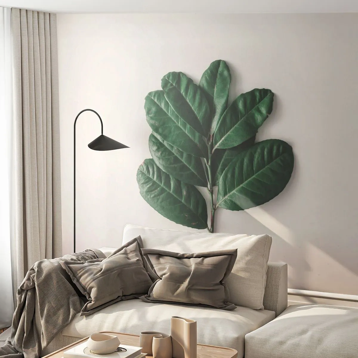 Fototapeta Premium Sand - Zielona gałązka z dużymi liśćmi na jasnym tle - 100x70cm - Rysunek samej natury - Nowoczesna dekoracja ścienna do salonu, kuchni i sypialni ARTTOR