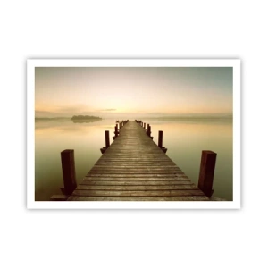 Plakat - Drewniany pomost na spokojnym jeziorze o poranku - 100x70cm - Przedświt, świtanie, światło - Nowoczesna dekoracja ścienna do salonu i sypialni ARTTOR