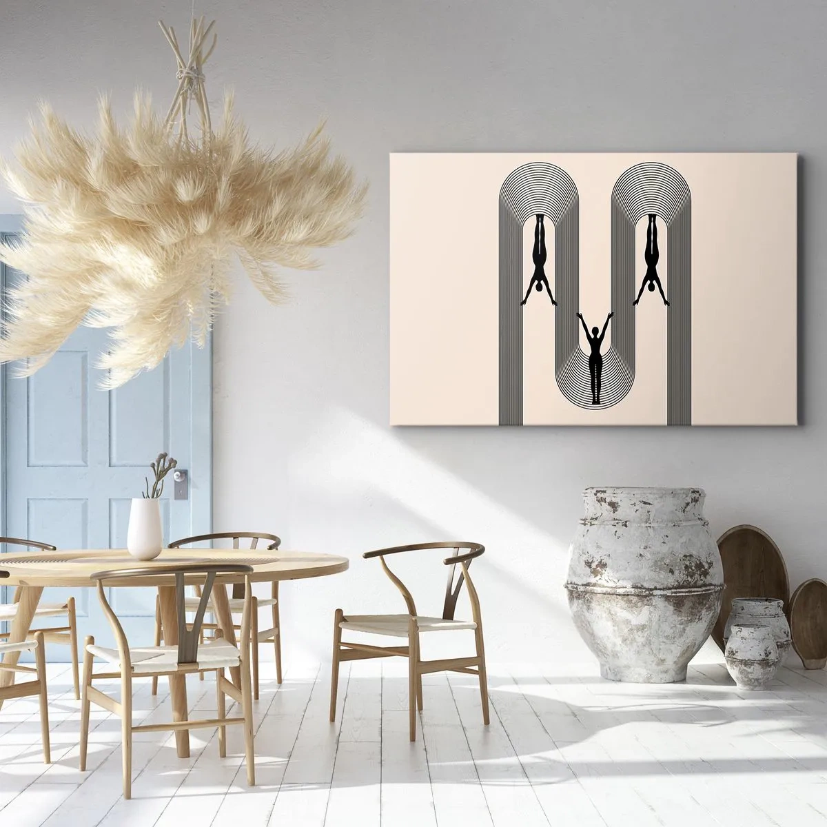 Obraz na płótnie - Sylwetki w geometrycznym stylu na beżowym tle - 100x70cm - Do góry nogami - Nowoczesna dekoracja ścienna do salonu, kuchni i sypialni ARTTOR