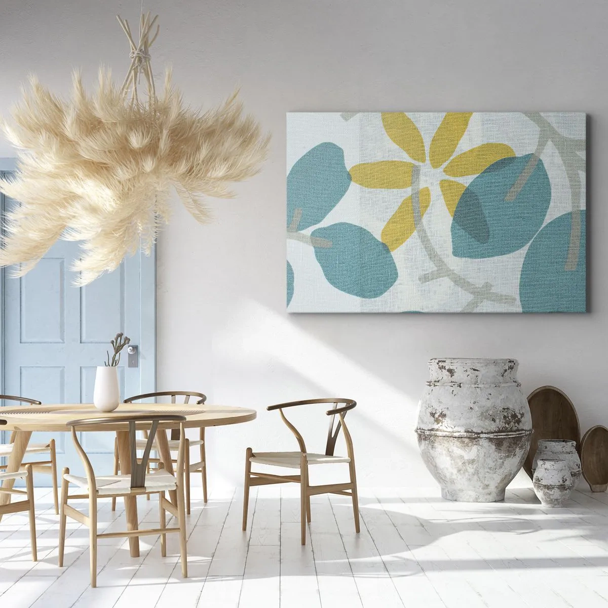 Obraz na płótnie - Liście w odcieniach turkusu i żółci na jasnym tle - 100x70cm - Wśród lazurowych liści - Nowoczesna dekoracja ścienna do salonu, kuchni i sypialni ARTTOR