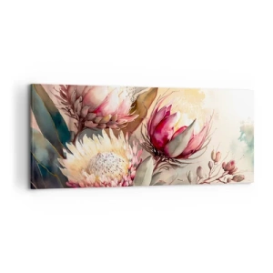 Obraz na płótnie - Kwiaty protei w delikatnych pastelowych odcieniach - 120x50cm - Z profilu i en face - Nowoczesna dekoracja ścienna do salonu i sypialni ARTTOR