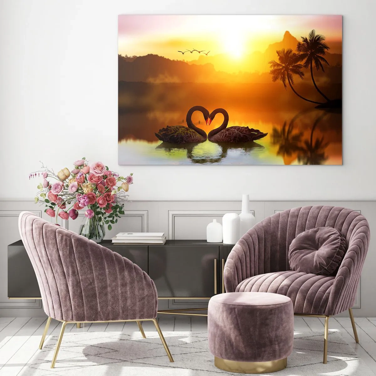 Obraz na szkle - Czarne łabędzie na jeziorze o zachodzie słońca - 70x50cm - Wszystko do pary - Nowoczesna dekoracja ścienna do salonu i sypialni ARTTOR