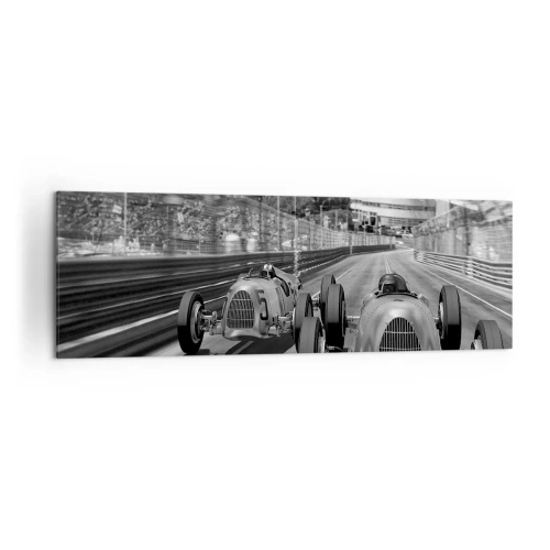 Obraz na płótnie - Monochromatyczna scena wyścigu retro samochodów - 160x50cm - Dawno temu w Monte Carlo - Nowoczesna dekoracja ścienna do salonu i sypialni ARTTOR