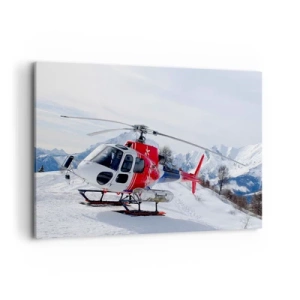 Obraz na płótnie - Czerwony helikopter na śnieżnym tle z górskim krajobrazem - 120x80cm - Zawsze gotowy - Nowoczesna dekoracja ścienna do salonu, kuchni i sypialni ARTTOR