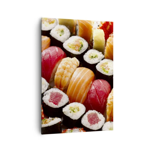 Obraz na płótnie - Kolorowe sushi ułożone w rzędy z różnorodnymi dodatkami - 70x100cm - Barwy i smaki Azji - Nowoczesna dekoracja ścienna do salonu i sypialni ARTTOR