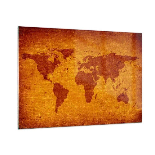 Obraz na szkle - Mapa świata w ciepłych, sepia-tonowanych barwach - 100x70cm - Zaproszenie do podróży - Nowoczesna dekoracja ścienna do salonu, kuchni i sypialni ARTTOR