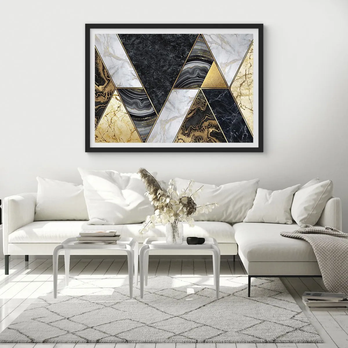 Plakat w czarnej ramie - Geometryczne trójkąty w złocie, marmurze i ciemnych odcieniach - 70x50cm - Kamień przy kamieniu - Nowoczesna dekoracja ścienna do salonu i sypialni ARTTOR