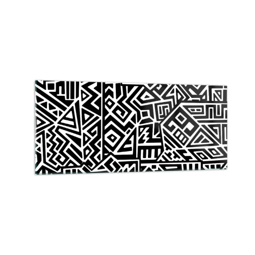 Obraz na szkle - Czarno-białe geometryczne wzory inspirowane kulturą prekolumbijską - 120x50cm - Kompozycja prekolumbijska - Nowoczesna dekoracja ścienna do salonu i sypialni ARTTOR