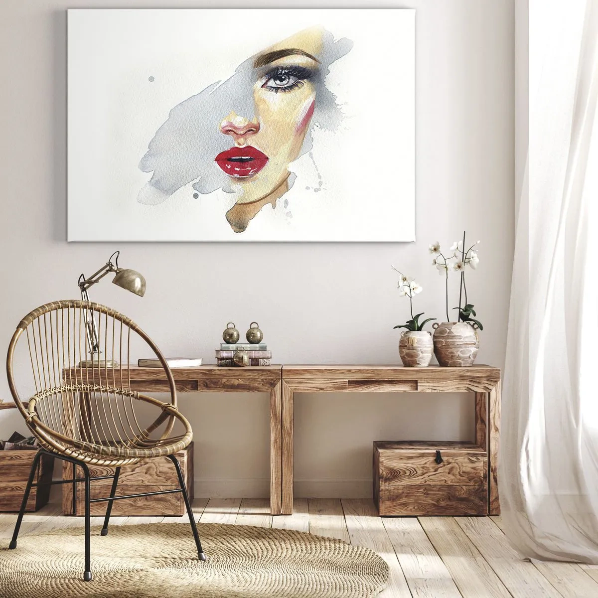Obraz na płótnie - Portret kobiety w akwarelowym stylu z intensywnym spojrzeniem - 70x50cm - Odbicie w kropli wody - Nowoczesna dekoracja ścienna do salonu i sypialni ARTTOR