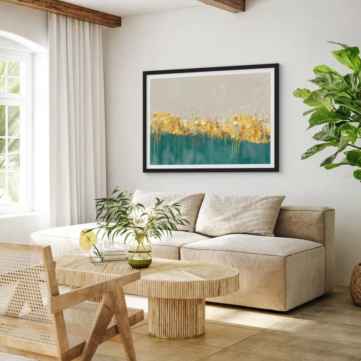 Plakat w czarnej ramie - Złote akcenty na zielono-beżowym tle - 70x50cm - Złota granica - Nowoczesna dekoracja ścienna do salonu i sypialni ARTTOR