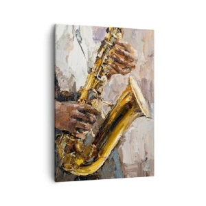 Obraz na płótnie - Malarskie przedstawienie rąk grających na złotym saksofonie - 50x70cm - Czas na solo - Nowoczesna dekoracja ścienna do salonu, kuchni i sypialni ARTTOR