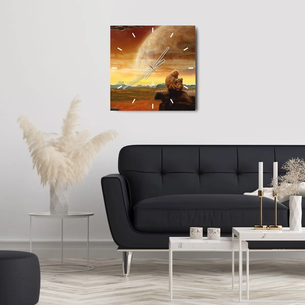 Zegar ścienny - Małpy siedzące na skale w surrealistycznym krajobrazie z wielką planetą - 30x30cm - Miłość wszędzie ta sama - Nowoczesna dekoracja ścienna do salonu i sypialni ARTTOR