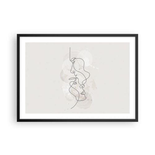 Plakat w czarnej ramie - Abstrakcyjny kontur dwóch twarzy na jasnym tle - 70x50cm - Splątani w uścisku - Nowoczesna dekoracja ścienna do salonu i sypialni ARTTOR