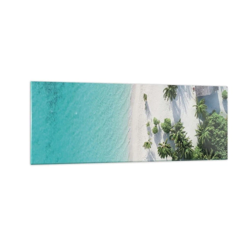 Obraz na szkle - Tropikalna plaża z turkusową wodą i palmami z lotu ptaka - 140x50cm - Wakacje w raju - Nowoczesna dekoracja ścienna do salonu i sypialni ARTTOR